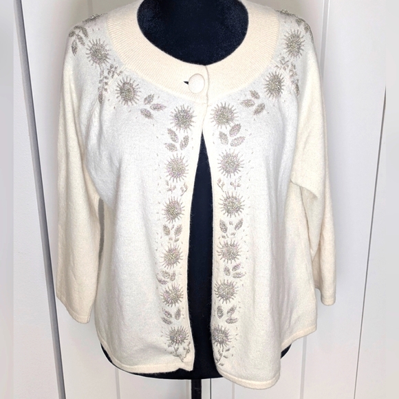 Talbots Sweater Women’s Lambs Wool Angora Cream One Button Cardigan Size L EUC - Picture 1 of 11